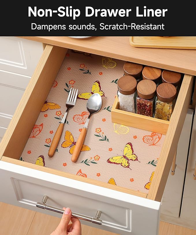 Drawer & Shelf Liner for Kitchen Cabinets Non Adhesive Waterproof Oilproof Easy to Cut Reusable Washable Shelf Paper for Refrigerator, Cupboard, Dresser, Bathroom (Colorful Butterfly, 23.6"W x 236"L)