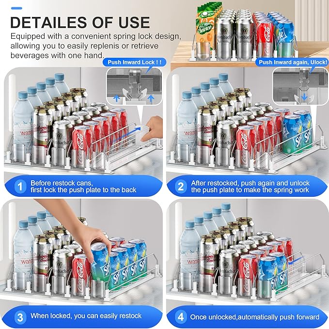 Drink Organizer for Fridge, drink dispenser for fridge, Automatic Pusher Glide,12oz 16oz 20oz-Soda Dispenser for Fridge-Holds up to 25 Cans - 5 Rows White