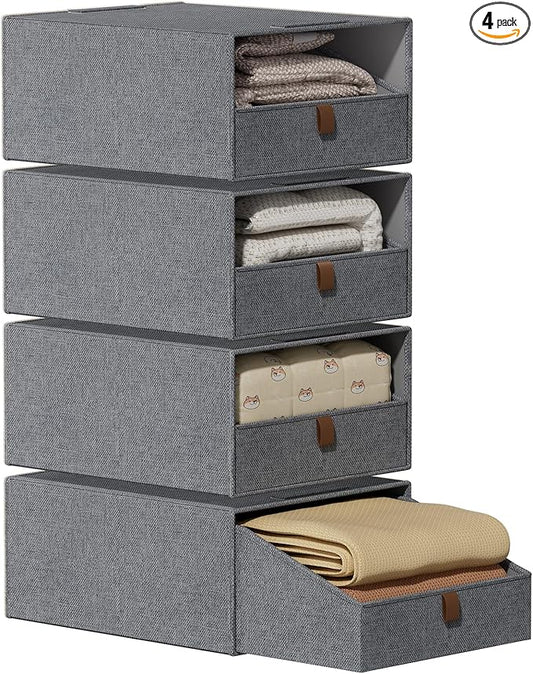 4-Pack Storage Bins with Drawers Large Closet Organizers and Storage Stackable Fabric Clothes Storage Box Collapsible Closet Drawers Organizer for Bedroom Living Room Under Bed (Deep Grey, 21L*4)