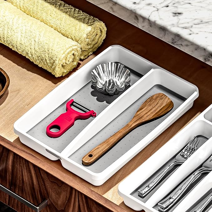 madesmart Classic Mini Utensil Tray, Soft Grip, Non-Slip Kitchen Drawer Organizer, 2 Compartments, Multi-Purpose Home Organization, BPA Free, White