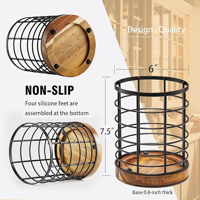 Utensil Holder for Kitchen Counter,Black Wire with Wooden Base Countertop Utensil Holder, Large Wooden Cooking Utensil Holder, Kitchen Utensil Organizer.