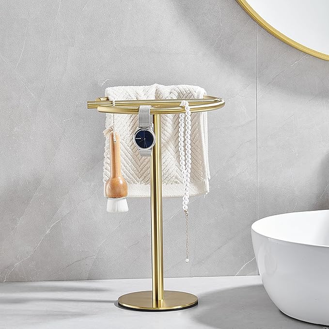 Hand Towel Holder Stand,13 Inch Free-Standing Towel Rack Brushed Gold, SUS304 Stainless Steel Towel Bar Rack Stand, Tower Bar for Bathroom Kitchen Vanity Countertop