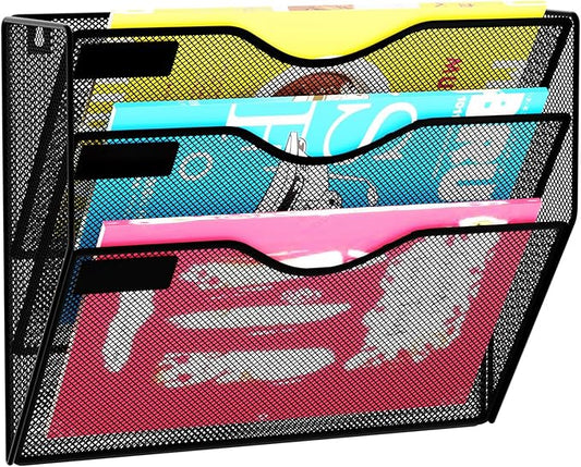 3 Pockets Hanging Wall File Organizer Mail Holder, Wall Mounted Paper Document Folder Holder, Clipboard Storage Organization Magazine Rack, Black