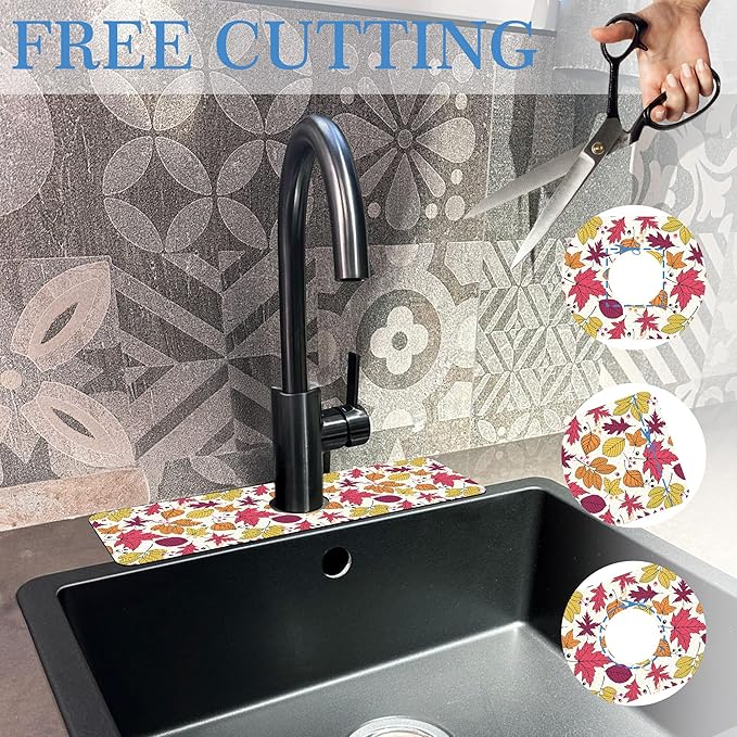 Faucet Mat Splash Guard Autumn Colorful Leave, Soft Diatom Mud Material, Strong Water Absorption, Non-slip,Easy to Clean for Bathroom, Kitchen 15"X5.5"
