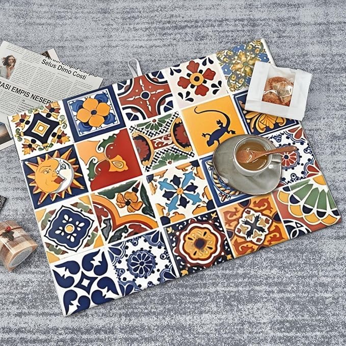 2Pcs Dish Drying Mats Faucet Mats Sets Large Size Coffee Mats Sink Faucet Mat Splash Guard for Kitchen Counter Bathroom Sink Coffee Bar Kitchen Decor (Retro Boho, 18"x24" 15" x 5.5"Set)