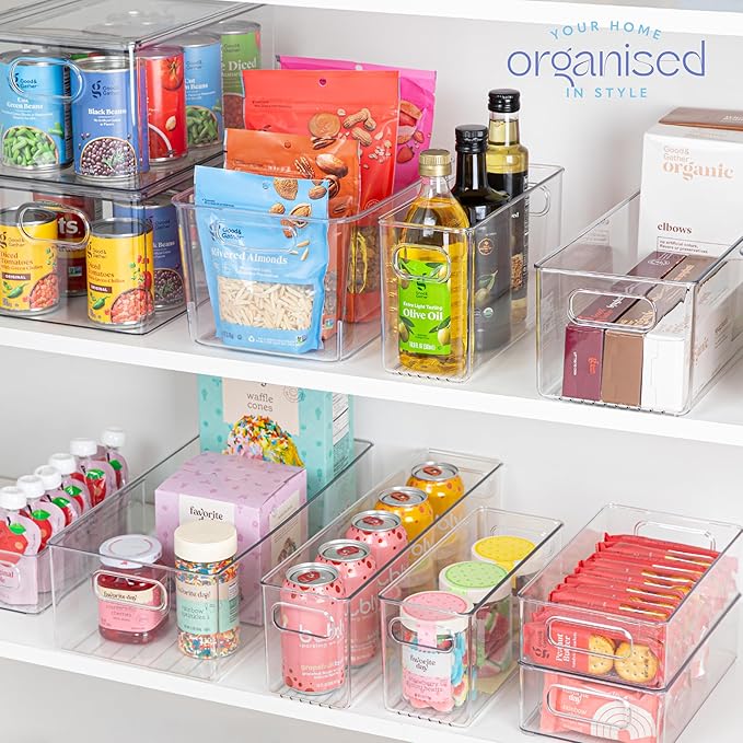 primebox Plastic Food Storage 2 Pack Clear Container Bin with Handles for Organizing Kitchen, Pantry, Refrigerator, Freezer, Pantry, Cabinet, Closet, Bathroom. 14”x8”x5”