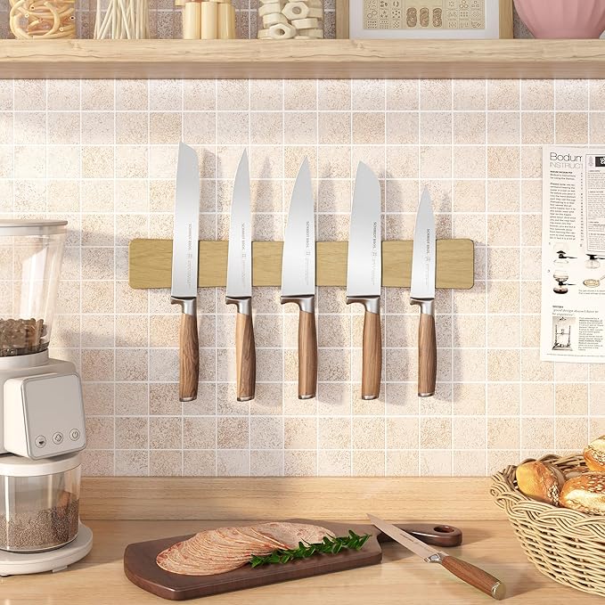 Magnetic Knife Holder for Wall, 16" Acacia Wood No Drill Knife Magnet Strip Use as Tool Key Storage Knife Bar, Powerful Wall Mounted Magnetic Knife Rack for Refrigerator & Kitchen Utensil Organizer