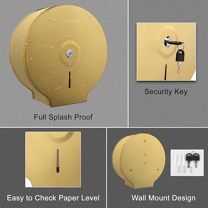 Commercial Jumbo Toilet Paper Dispenser, Wall Mount Stainless Steel 9 Inch Roll Toilet Paper Holder Bath Tissue Dispenser with Lock Key (Gold)