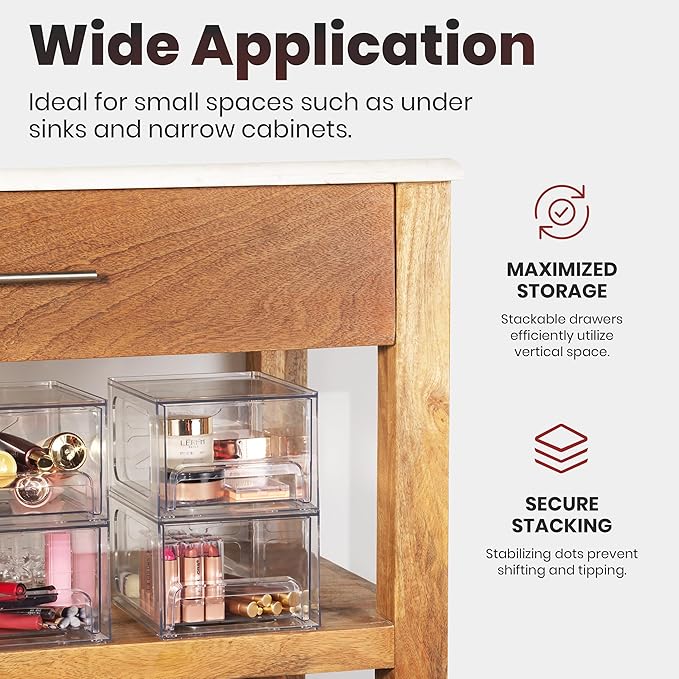 Clear Stackable Storage Drawers - 4-Pack Acrylic Makeup Organizer Bins for Vanity, Bathroom, Countertop, Cabinet, or Kitchen - Perfect for Cosmetics, Office, and Small Item Organization