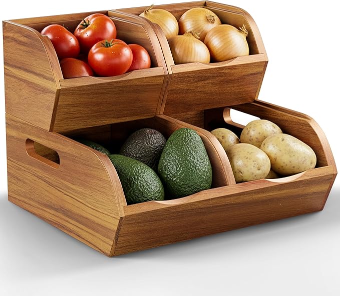 Acacia Wood Pantry Storage Bins - Stackable Open Front Kitchen Baskets for Potato, Onion, Fruit, Vegetable, and Bread Storage, Wood Organizer for Pantry (Warm Acacia)