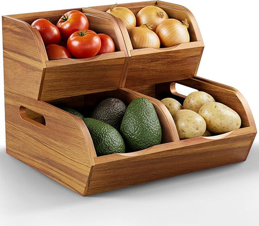 Acacia Wood Pantry Storage Bins - Stackable Open Front Kitchen Baskets for Potato, Onion, Fruit, Vegetable, and Bread Storage, Wood Organizer for Pantry (Warm Acacia)