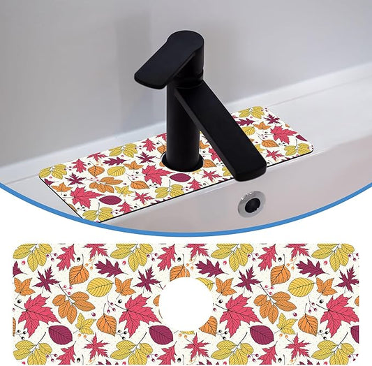 Faucet Mat Splash Guard Autumn Colorful Leave, Soft Diatom Mud Material, Strong Water Absorption, Non-slip,Easy to Clean for Bathroom, Kitchen 15"X5.5"