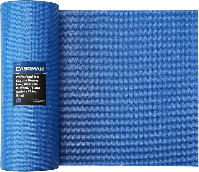 CASOMAN Professional Tool Box and Drawer Liner, Blue, Easy Cut Non-Slip Foam Rubber Toolbox Drawer Liner Mat - Adjustable Thick Cabinet Liners, 18inch (Wide) X 24feet (Long)
