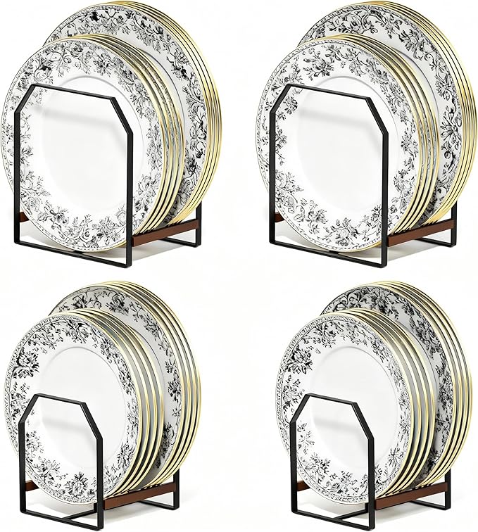 4 Pack Plate Organizer for Cabinet, Arched Metal Dish Holder Rack, Plate Rack Organizer for Cupboard, Space Saver Dish Storage Rack, Holds 6–12 Inch Plates, 2 Large 2 Small, Black