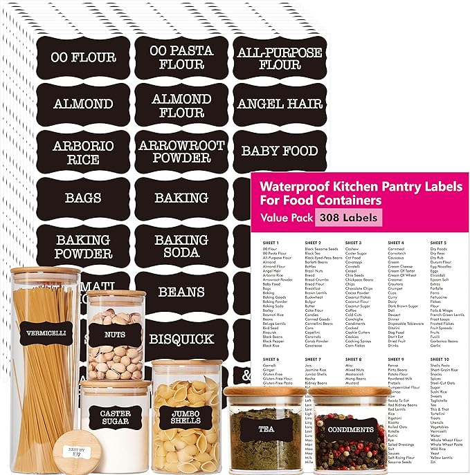 Hebayy 308 Pantry Food Labels, 280 Preprinted Flour Pasta Lentil Grain Condiment Oil Stickers, 28 Blank Ones, Waterproof Oil&Tear Resistant, No Residue for Kitchen Containers Jars(White on Black)