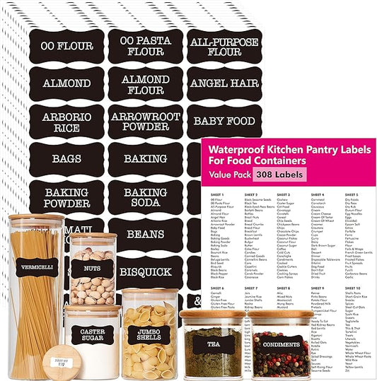 Hebayy 308 Pantry Food Labels, 280 Preprinted Flour Pasta Lentil Grain Condiment Oil Stickers, 28 Blank Ones, Waterproof Oil&Tear Resistant, No Residue for Kitchen Containers Jars(White on Black)