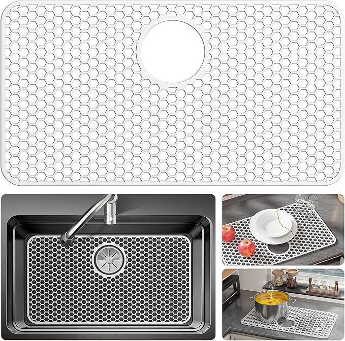 Bestjing Silicone Sink Protectors for Kitchen Sink - 26"x 14" Kitchen Protector Accessory, Non-Slip Heat Resistan Mat for Bottom of Farmhouse Stainless Steel Porcelain, Dishwasher Safe (White)