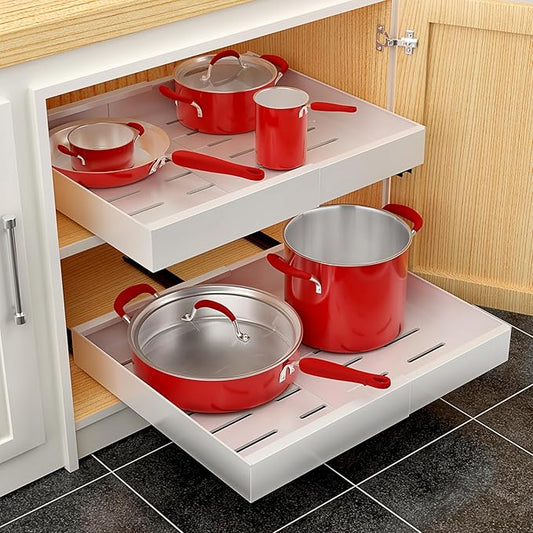 Sorbus Pull-Out Sliding Storage Rack for Kitchen & Bathroom, No-Drill Adjustable Shelf with Durable Metal, Non-Slip Grid Drawers, Waterproof Space Saver (White 2 Pack)