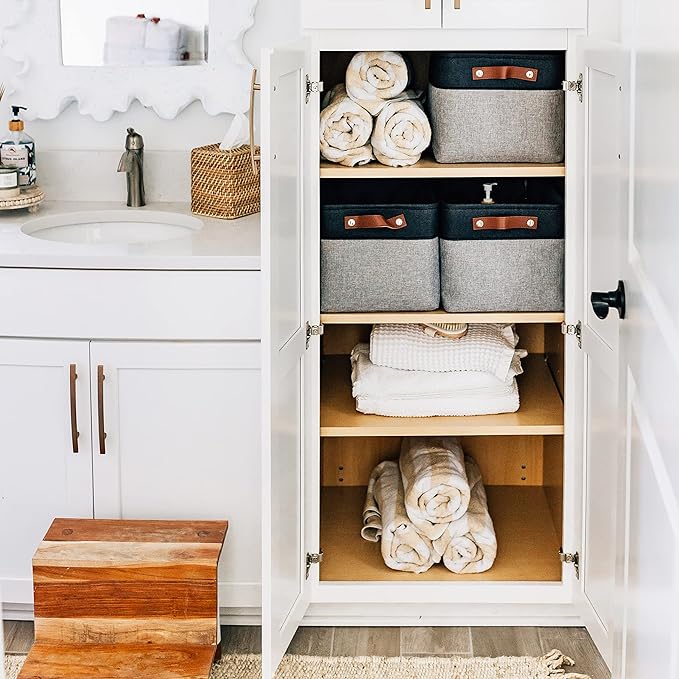 OrganiHaus Large Fabric Storage Baskets for Shelves 3 Pack, 15x11in Closet Storage Bins for Shelves, Canvas Baskets for Organizing, Linen Closet Organizers, Cloth Basket, Gray/Black