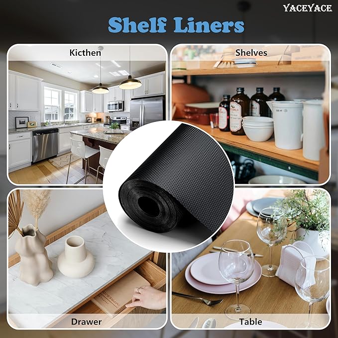 YACEYACE Drawer Liners for Kitchen Cabinets, Black 12” x 10 FT Shelf Liner Non Slip Waterproof Mat for Protection Table, Desk, Cupboard, Cabinets