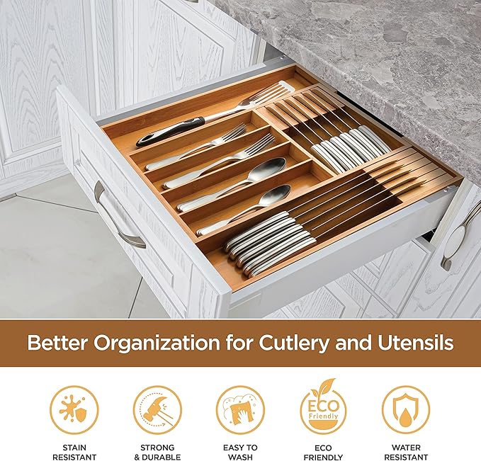 Expandable Drawer Organizer with Knife Block - Bambusi Bamboo Kitchen Utensil & Silverware Organizer, Adjustable Cutlery Tray Divider for Flatware, 7 Compartment Large Drawer Organizer