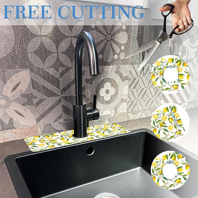 Lemon Fruit Faucet Mat Splash Guard Flower Leave Lemon, Soft Diatom Mud Material, Strong Water Absorption, Non-slip,Easy to Clean for Bathroom, Kitchen 15"X5.5"
