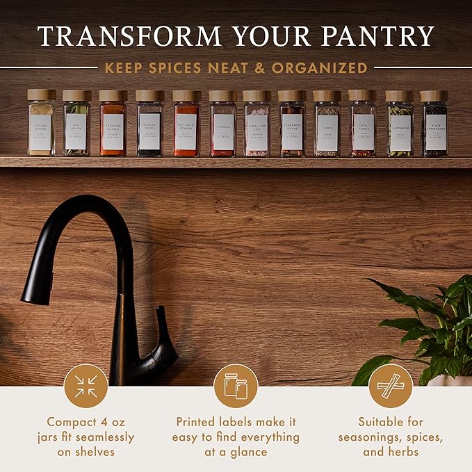 Glass Spice Jars with 360 Labels -24 pcs- 4oz- Spice Containers with Bamboo Lids -Shaker Lids- Pepper Grinder-Spice Organization for Cabinet-Drawer-Rack-Seasoning Organizer-Square bottles