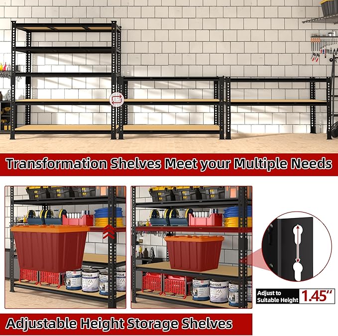Heavy Duty Metal Storage Shelves - 48" W x 24" D x 72" H 5 Tier Adjustable Garage Shelving Unit, Industrial Utility Rack Shelf for Warehouse, Pantry, Kitchen, Black