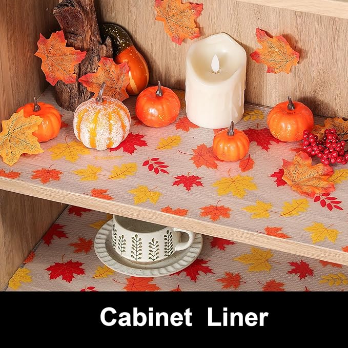 Cooyes Fall Maple Leaf Shelf Liner, Non-Adhesive Waterproof Drawer Liner, Easy-to-Cut EVA Shelf Paper for Kitchen Cabinets, Refrigerator, Cupboard, and Dresser, Fall Kitchen Decor （11.8" W x 118" L）