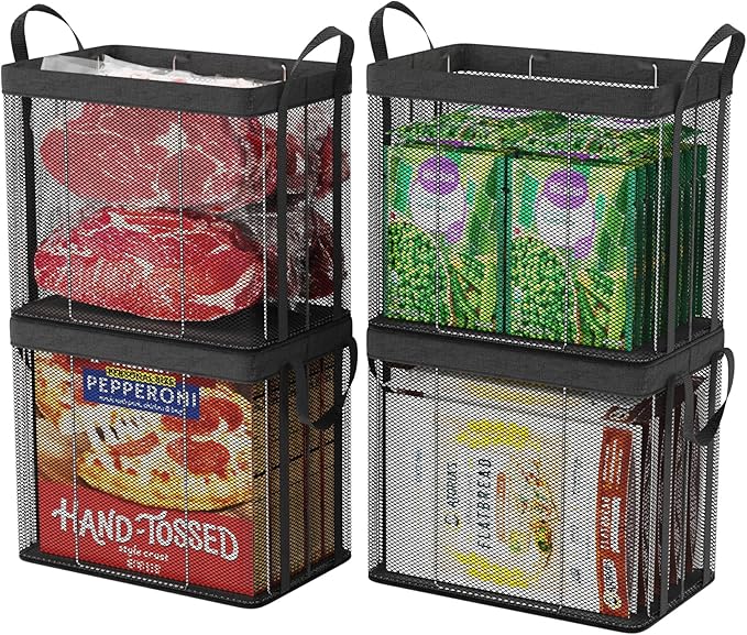 iSPECLE Freezer Organizer Bins - 4 Pack Deep Freezer Organizer Bins for 5 to 7 Cu.Ft Chest Freezers Easily Access Pizza (≤12"), Faster Freezing Better Freshness, Black