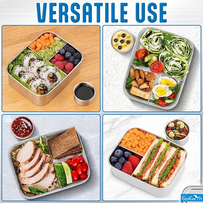 EcoEarth Stainless Steel Bento Box - 27 oz - Leakproof Metal Lunch Boxes for Adults with 3 Compartments - Small Tin Food Containers with Condiment Cups - Snack Box for Work - Blue