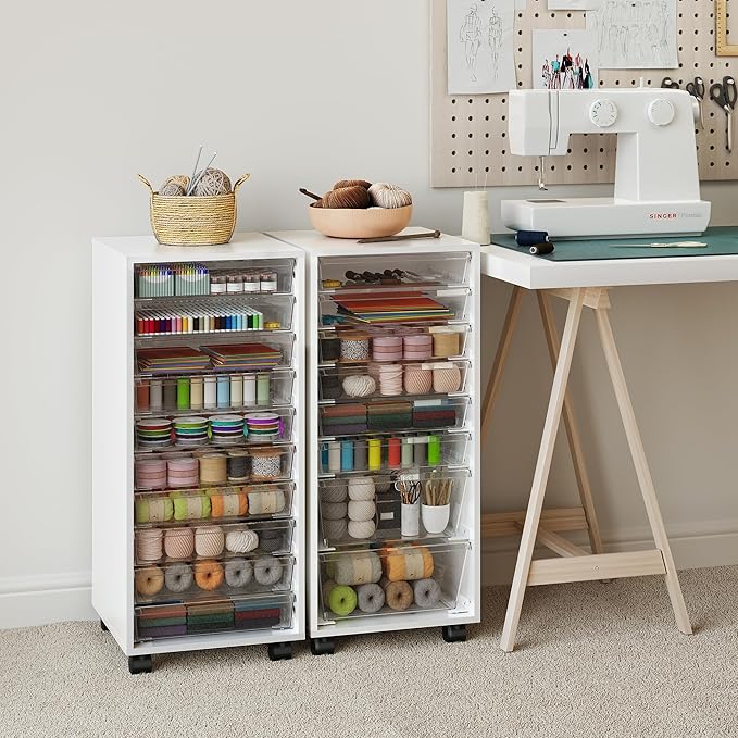 WOPITUES Storage Drawer Cart, Mobile Storage Cabinet, Makeup Storage with 8 Clear Drawers, Utility Wooden Rolling Cart on Wheels, for Cosmetic, Art Craft, Office Supplies, Toy, White