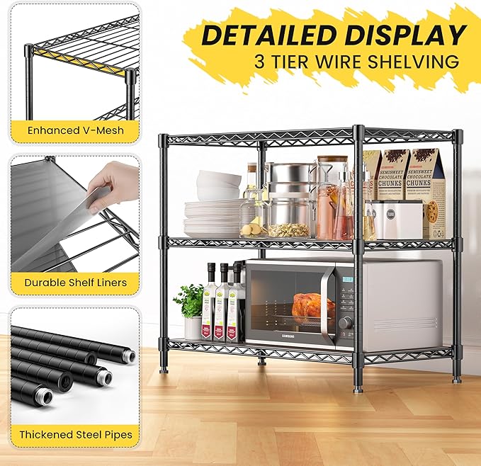 3-Tier Storage Shelves 795LBS Metal Shelving Unit, Adjustable Wire Rack Small Shelf Organizer with 3 Shelf Liners for Kitchen Pantry Office Bedroom Closet Garage 24" W x 14" D x 30" H Black
