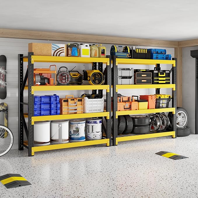 3000LBS Garage Shelving 59" W Garage Shelving Heavy Duty 4-Tier Metal Storage Shelves Adjustable Shelf Unit Grid Storage Rack for Basement Supermarket Warehouse 59" W x 24" D x 78" H Yellow