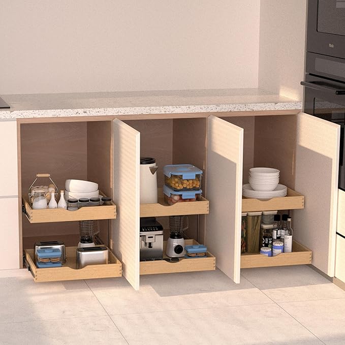 2-Tier Wood Cabinet Pull Out Shelves (14" W x 22" D), Wooden Slide Out Drawers for Kitchen Cabinets, Heavy-Duty Roll Out Pantry Organizer