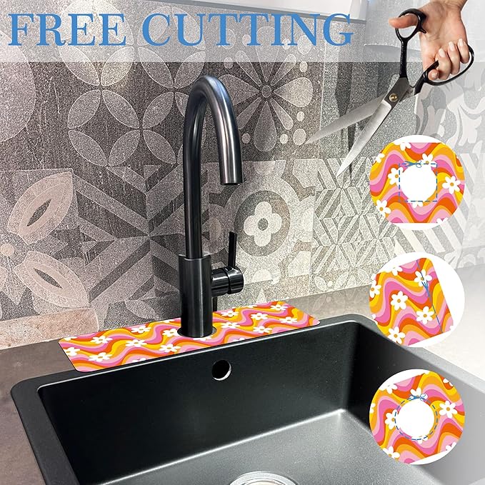 Faucet Mat Splash Guard Retro Floral Daisy, Soft Diatom Mud Material, Strong Water Absorption, Non-slip,Easy to Clean for Bathroom, Kitchen 15"X5.5"