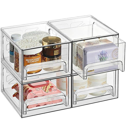 Clear Stackable Storage Drawers - 4-Pack Acrylic Makeup Organizer Bins for Vanity, Bathroom, Countertop, Cabinet, or Kitchen - Perfect for Cosmetics, Office, and Small Item Organization