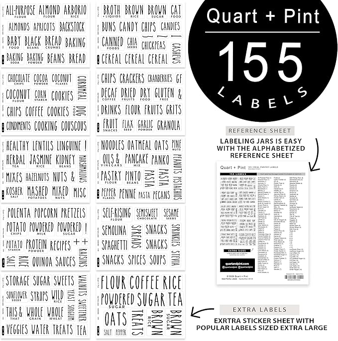 QUART + PINT 155 Kitchen Pantry Labels for Containers. Preprinted Clear Handwritten Stickers with Black Text. Waterproof Vinyl Stickers. Organization Labels for Jars Canisters & Home Storage Bins.
