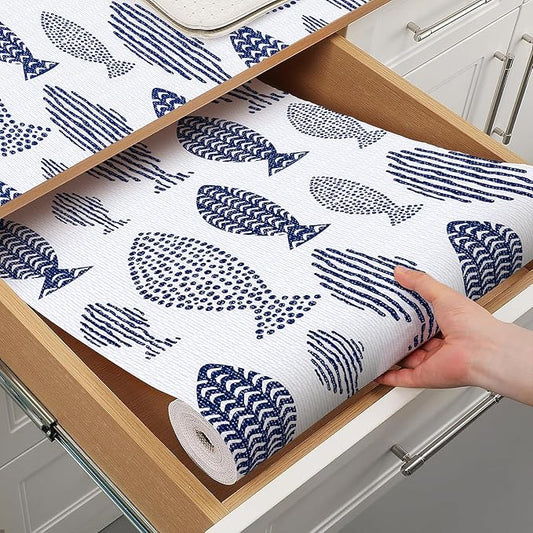 Terravue Blue Shelf Liner for Kitchen Cabinets Non Adhesive Drawer Liners Non Slip Cupboard Liner Strong Grip Waterproof Kitchen Cabinet Liners Easy to Clean Blue Dresser Shelves Paper 15.7IN x 10FT