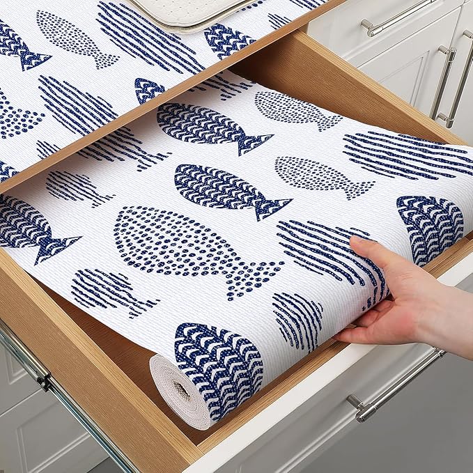 Terravue Blue Shelf Liner for Kitchen Cabinets Non Adhesive Drawer Liners Non Slip Cupboard Liner Strong Grip Waterproof Kitchen Cabinet Liners Easy to Clean Blue Dresser Shelves Paper 12IN x 16.4FT