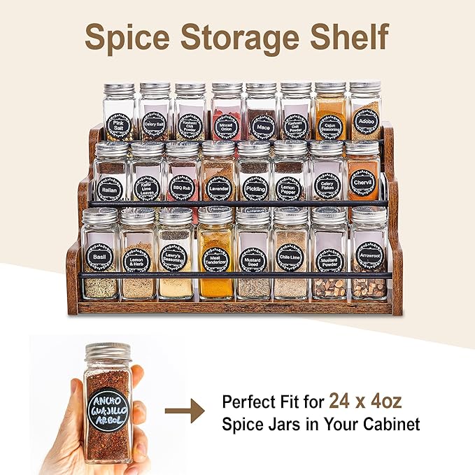 Wood Spice Rack Organizer for Cabinet, 3 Tier Spice Shelf Storage, Kitchen Seasoning Organizer for Spice Bottles, Jars, Seasonings, Baking Supplies