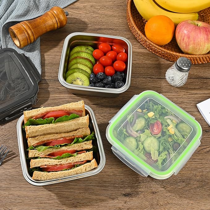 5 Pack Sandwich Containers, 24oz Stainless Steel Sandwich Box with Airtight Lids, Reusable Metal Meal Prep Lunch Boxes, BPA-Free, Dishwasher Safe, Food Storage Containers for Families (Black)