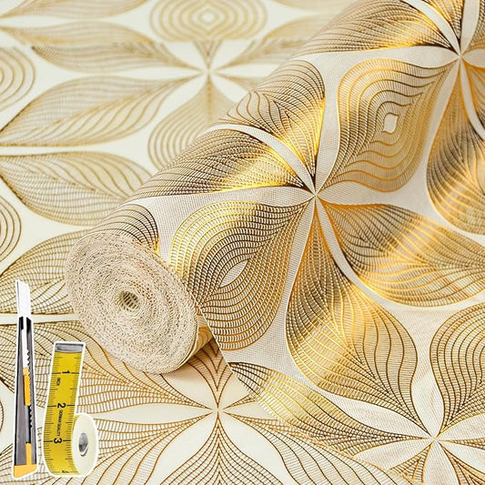 Drawer and Shelf Liner for Kitchen Cabinet,Non-Adhesive Waterproof Drawer Liner for Dresser & Bathroom Vanities with Adhesive Dots & Cutting Tool(12 in X 10 Ft Gold Leaf Pattern)
