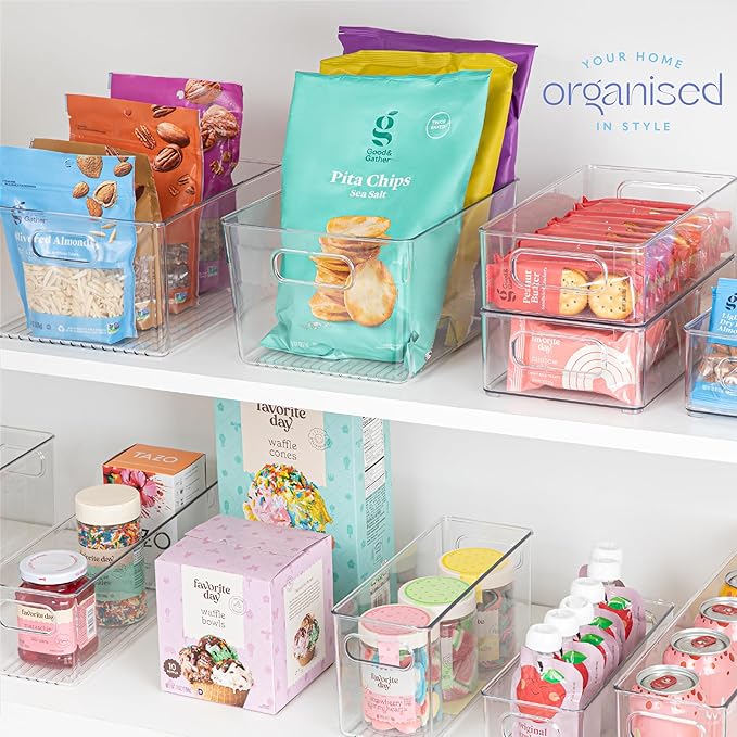 primebox Plastic Food Storage 4 Pack Clear Container Bin with Handles for Organizing Kitchen, Pantry, Refrigerator, Freezer, Pantry, Cabinet, Closet, Bathroom. 10”x4”x5”