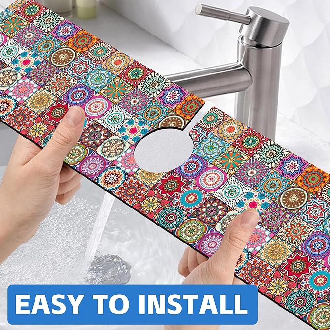 Vintage Boho Mandala Floral Kitchen Sink Splash Guard Mat Absorbent Fast Drying Mat Faucet Draining Mat Sink Splash Guard Behind Faucet Drip Catcher for Kitchen Bathroom 5.5"×24"