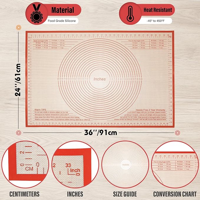 Silicone Pastry Mat 36x24 Inch Nonstick Baking Mat -Perfect for Dough, Pastry, Dough Rolling, Kneading Board, Pie Crust, Fondant, Pasta/Pizza, Kitchen Counter Mat