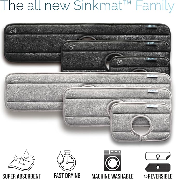 The Original Machine Washable Kitchen Sink Mat by Ternal, Absorbent Microfiber Fabric with Anti-Slip Silicone Backing, Splash Guard and Drip Catcher Around Faucet Handles. [2 Pack] (Black, Mini 9in)