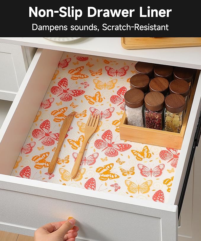 Shelf Liner for Kitchen Cabinets Non-Adhesive - Waterproof and Washable Drawer Liners - Ideal for Refrigerator, Dresser, Bathroom Shelves, Pantry, and Cupboards(Red Butterfly, 23.6" W x 118" L)