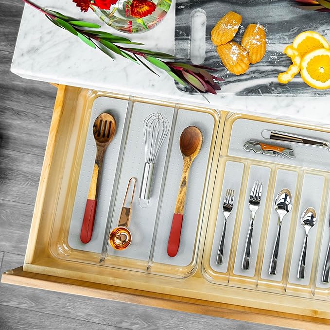 madesmart Utensil Tray - Large | Light Grey | Clear Soft Grip Collection | 3-compartment | Soft-grip Lining | Non-slip Feet | BPA-free