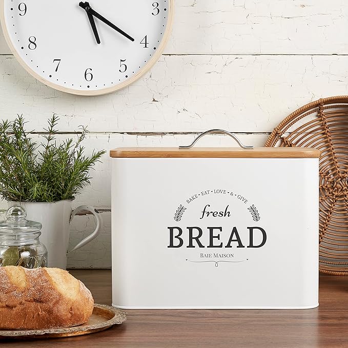 Extra Large White Farmhouse Bread Box for Kitchen Countertop - Breadbox Holder Fits 2+ Loaves - Bread Storage Container Bin - Rustic Bread Keeper Vintage Metal Kitchen Decor (White with Wood Lid)